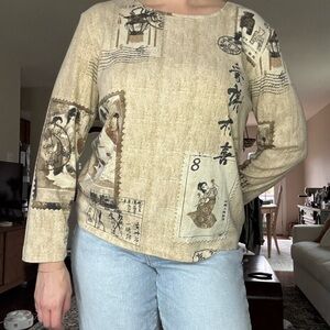 Chico's Beige & Brown Asian-Inspired Printed Long-Sleeve Tee